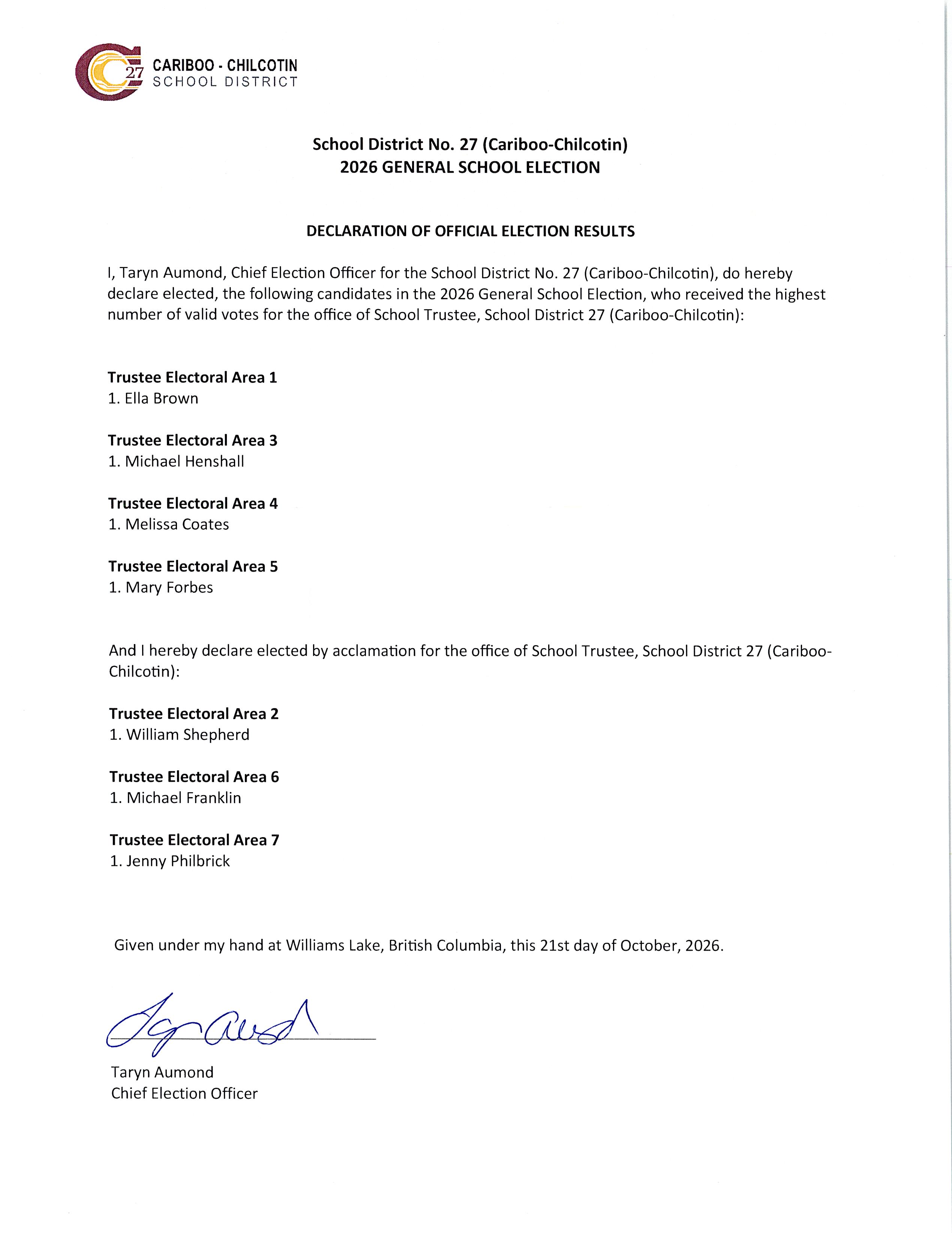 SD27 Declaration of Official Election Results